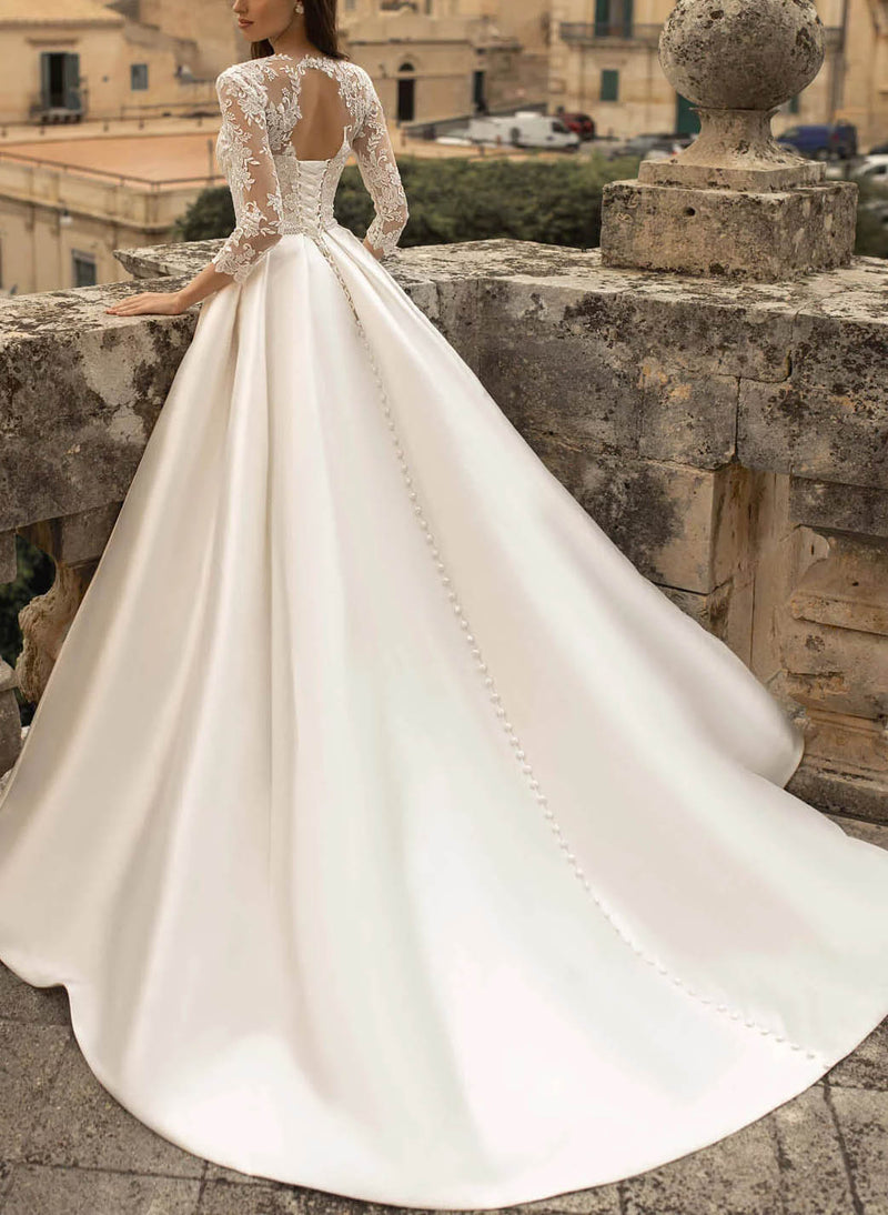 satin ball gown wedding dress with sleeves White Satin Ball Gown Wedding Dress Long Sleeve Wide Neckline Ivory-US8