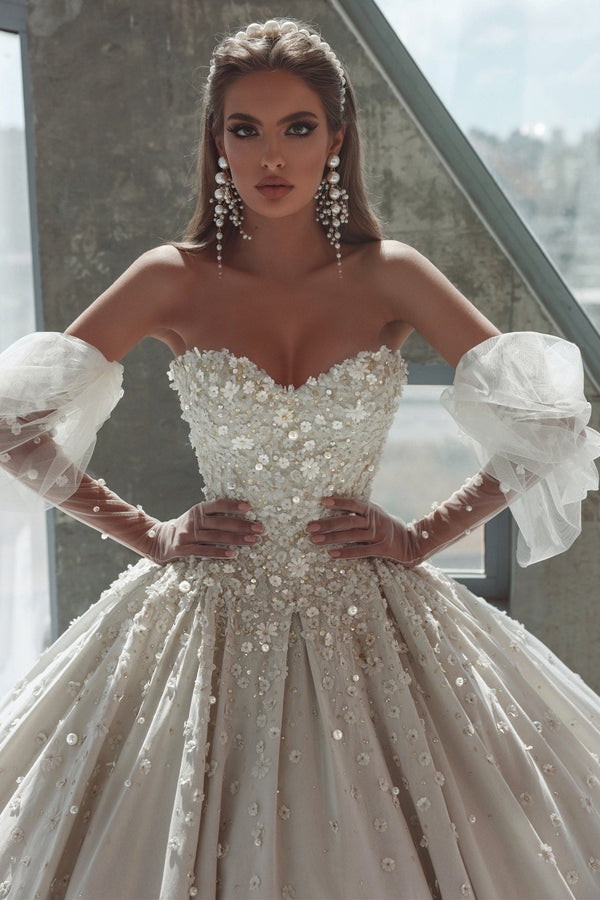Ball Gown Sequined Strapless Sweetheart Gloves Floor-length Sleeveless Open Back Wedding Dress-Ballbella