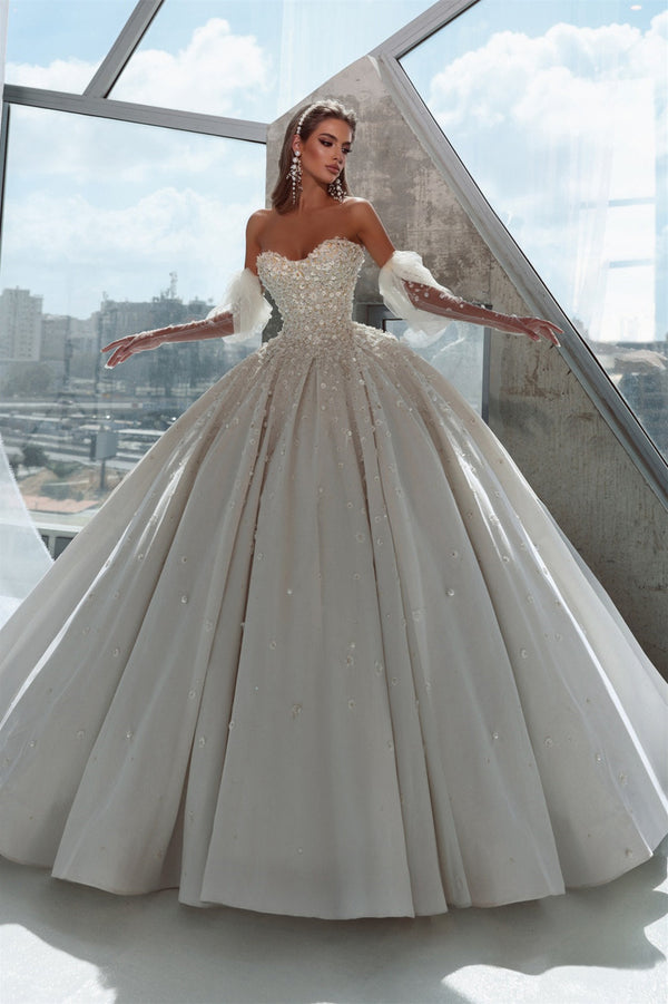 Ball Gown Sequined Strapless Sweetheart Gloves Floor-length Sleeveless Open Back Wedding Dress-Ballbella