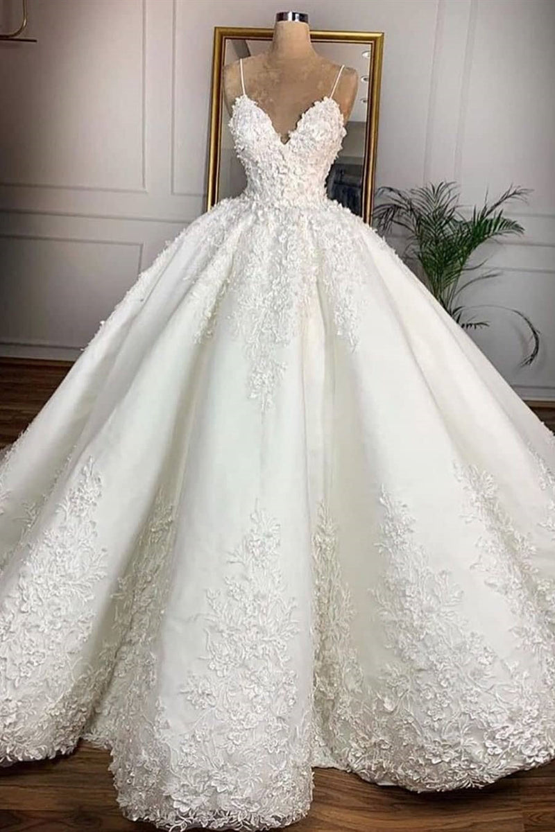 Ball Gown Spaghetti Strap Floor Length Organza Applique Wedding Dress-Ballbella