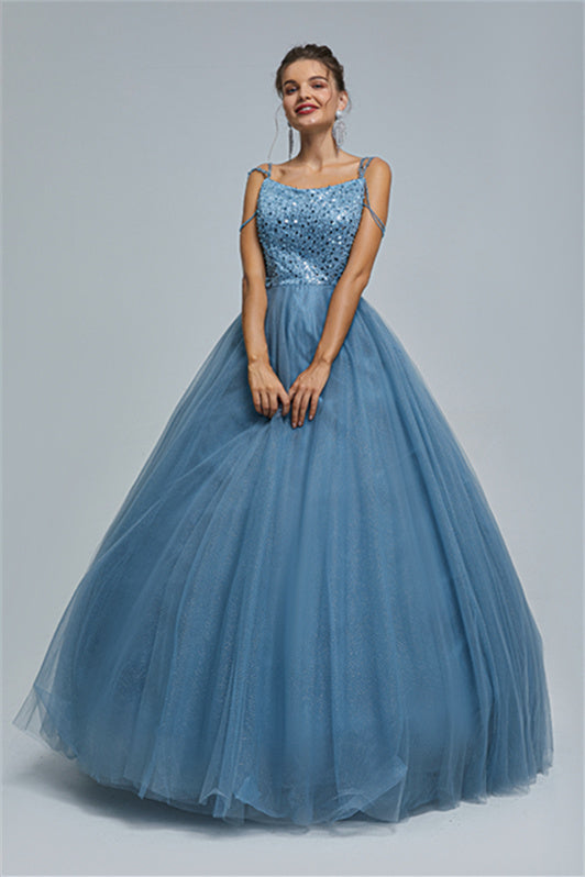 Ball Gown Spaghetti strap Square Neckline Beading Tulle Ankle Length Open Back Beautiful Prom Dress-Ballbella
