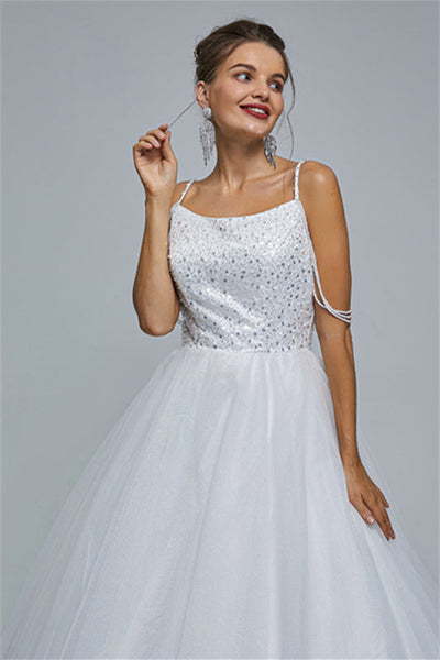 Ball Gown Spaghetti strap Square Neckline Beading Tulle Ankle Length O –  Ballbella