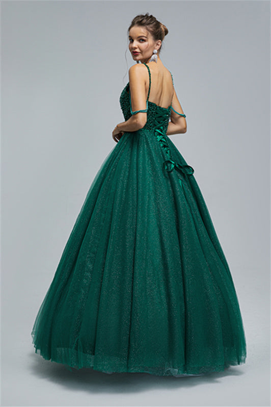 OKBBN spaghetti strap ruffle layered long ball gown