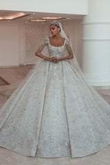 Ball gown Square neck Long Sleeves with waist skrit floor length Sparkle Beaded Wedding Dress-Ballbella