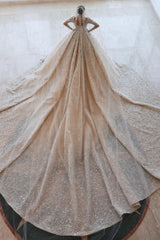 Ball gown Square neck Long Sleeves with waist skrit floor length Sparkle Beaded Wedding Dress-Ballbella
