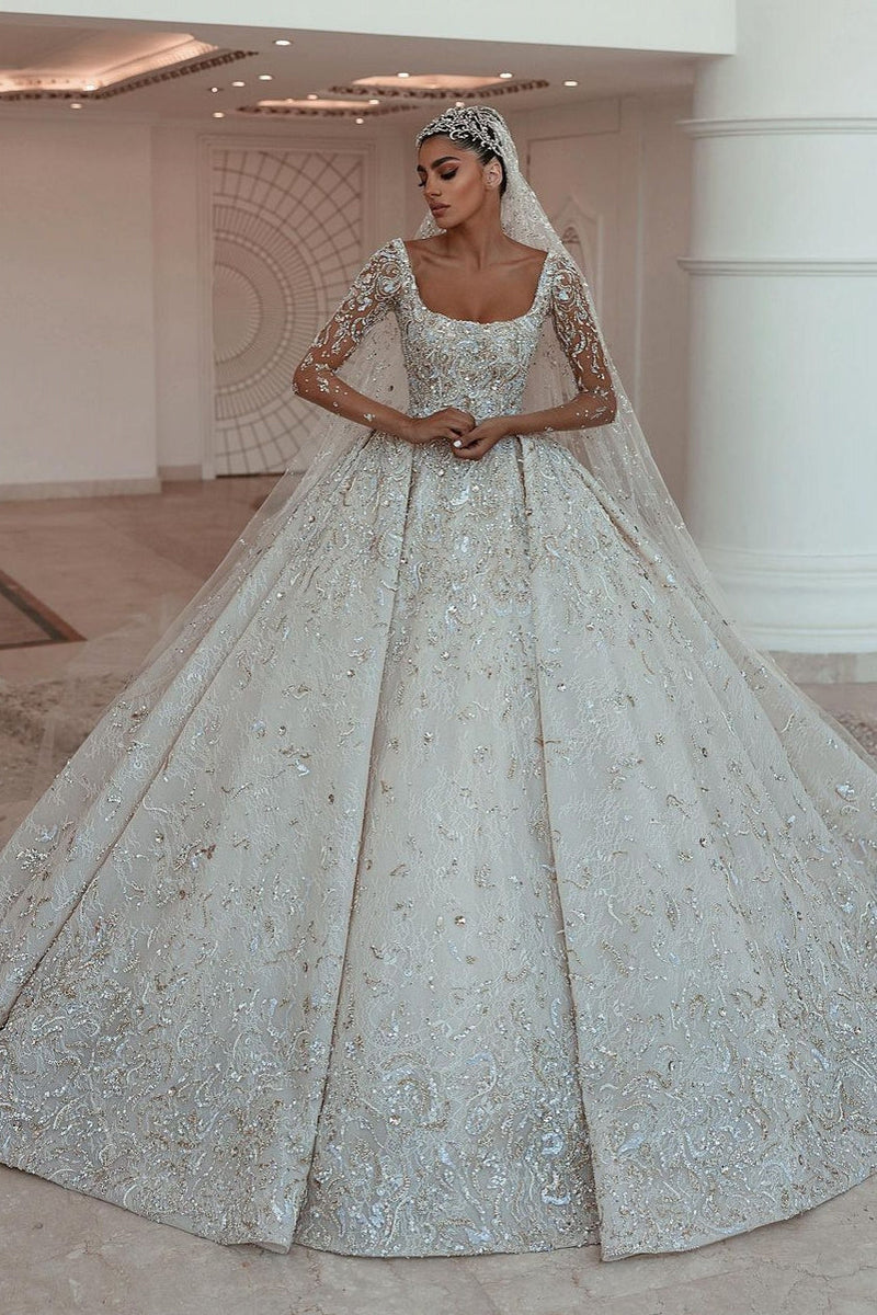 Ball gown Square neck Long Sleeves with waist skrit floor length Sparkle Beaded Wedding Dress-Ballbella