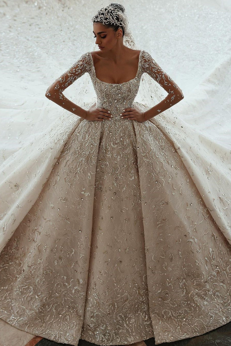 Ball gown Square neck Long Sleeves with waist skrit floor length Sparkle Beaded Wedding Dress-Ballbella