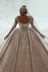 Ball gown Square neck Long Sleeves with waist skrit floor length Sparkle Beaded Wedding Dress-Ballbella