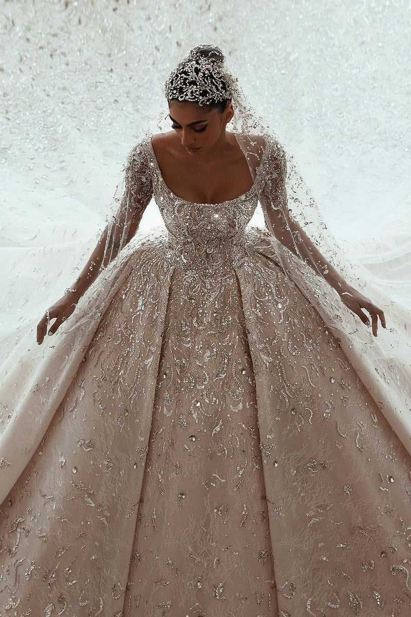 Ball gown Square neck Long Sleeves with waist skrit floor length Sparkle Beaded Wedding Dress-Ballbella