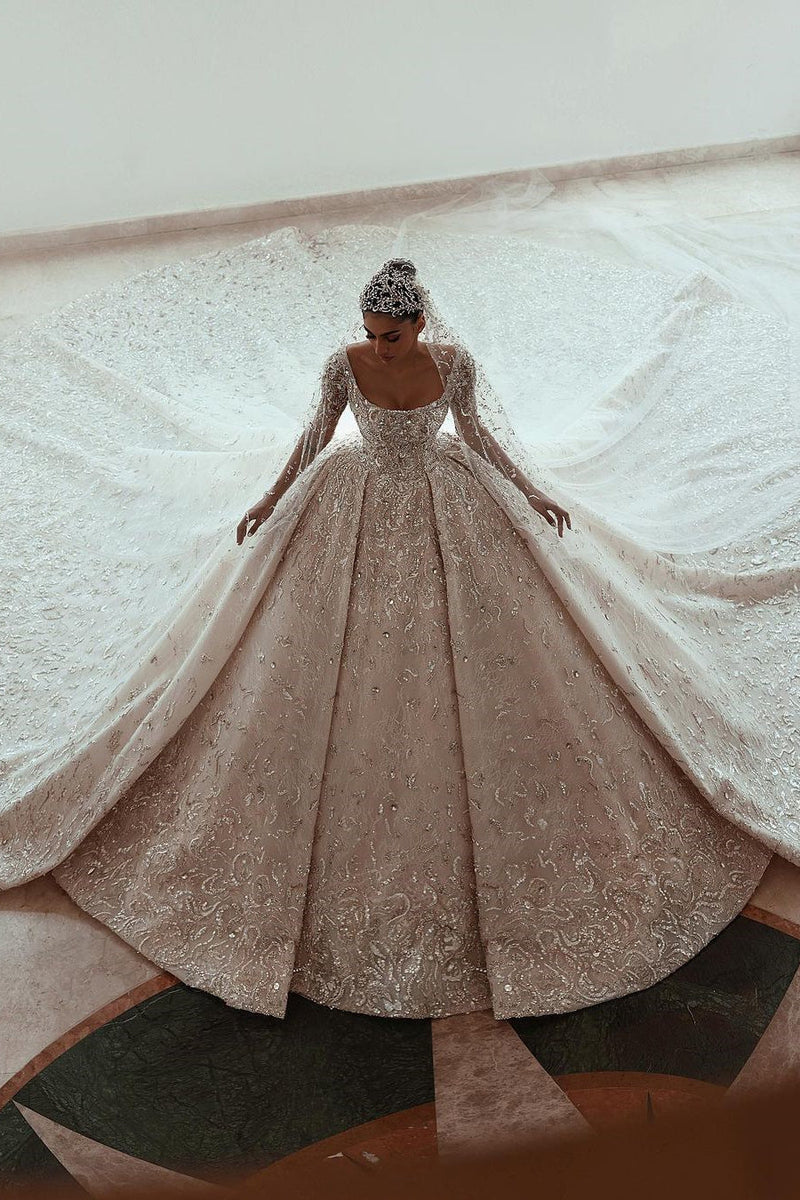 Ball gown Square neck Long Sleeves with waist skrit floor length Sparkle Beaded Wedding Dress-Ballbella