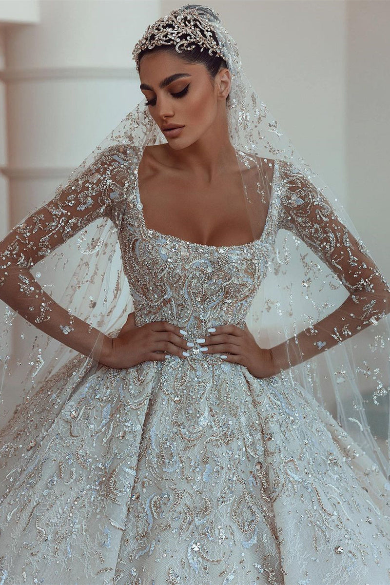 Ball gown Square neck Long Sleeves with waist skrit floor length Sparkle Beaded Wedding Dress-Ballbella