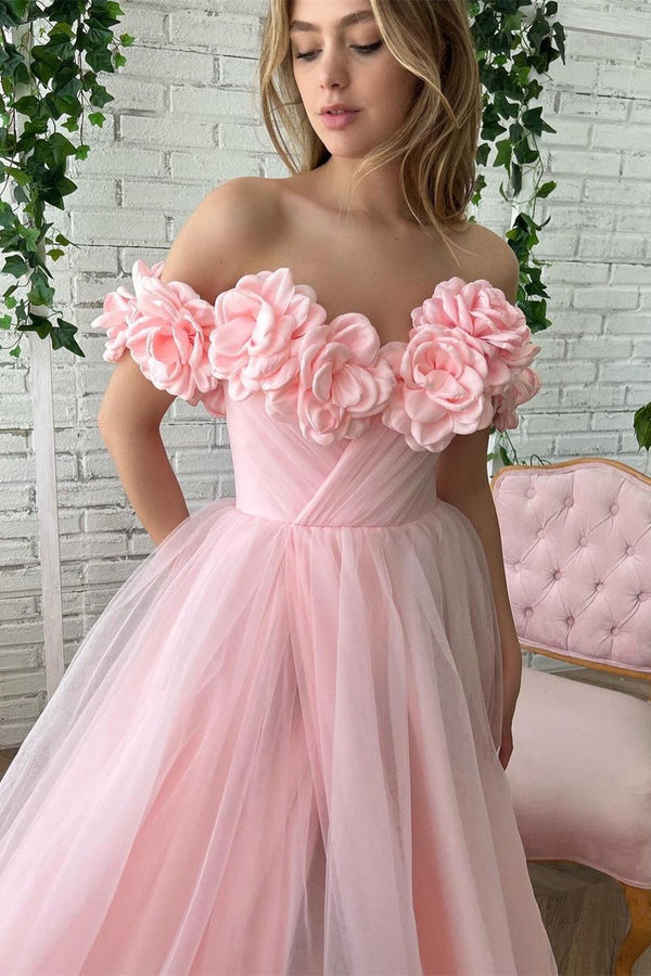 Ball Gown Strapless Asymmetrical Applique Off-the-shoulder Floor-length Prom Dress-Ballbella