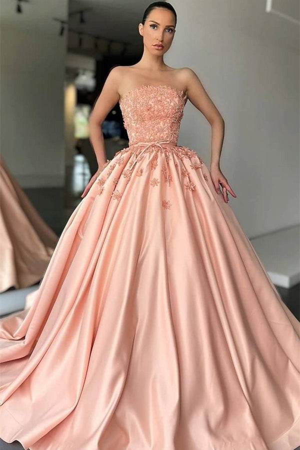 Ball Gown Strapless Lace Applique Floor-length Sleeveless Prom Dress-Ballbella