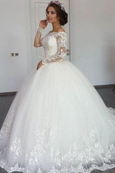 Ball Gown Strapless Portrait Floor Length Tulle Crochet Flower Wedding Dress-Ballbella