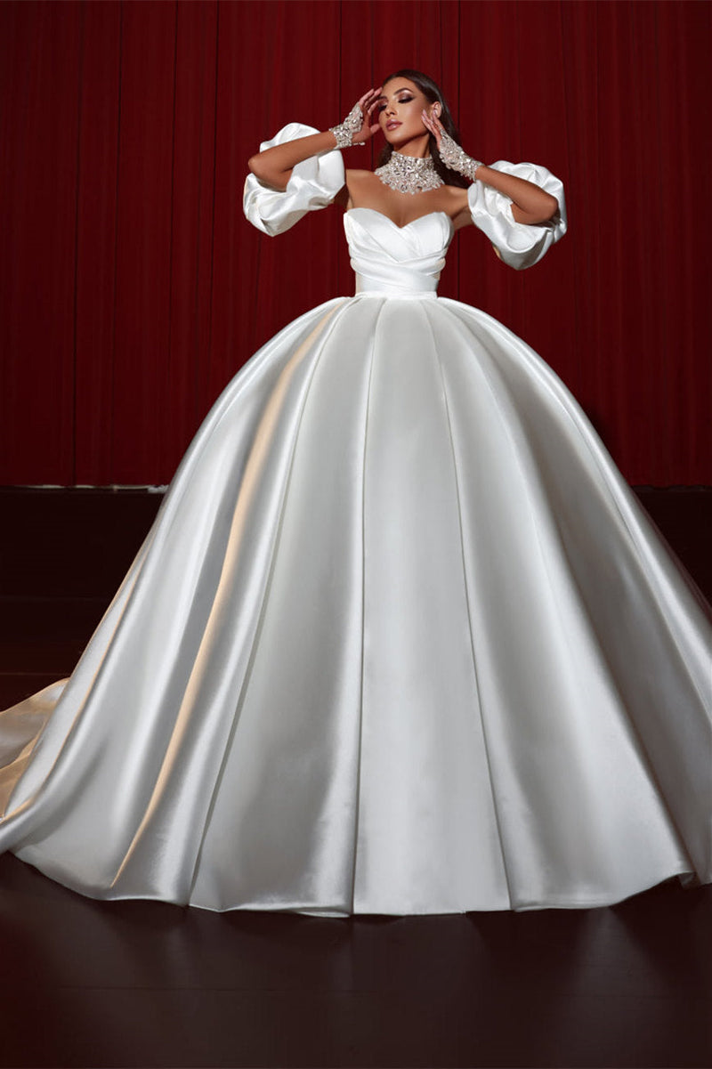 Ball Gown Strapless Sweetheart Bubble Sleeves Applique Floor-length Backless With Side Train Wedding Dress-Ballbella