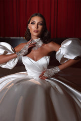 Ball Gown Strapless Sweetheart Bubble Sleeves Applique Floor-length Backless With Side Train Wedding Dress-Ballbella