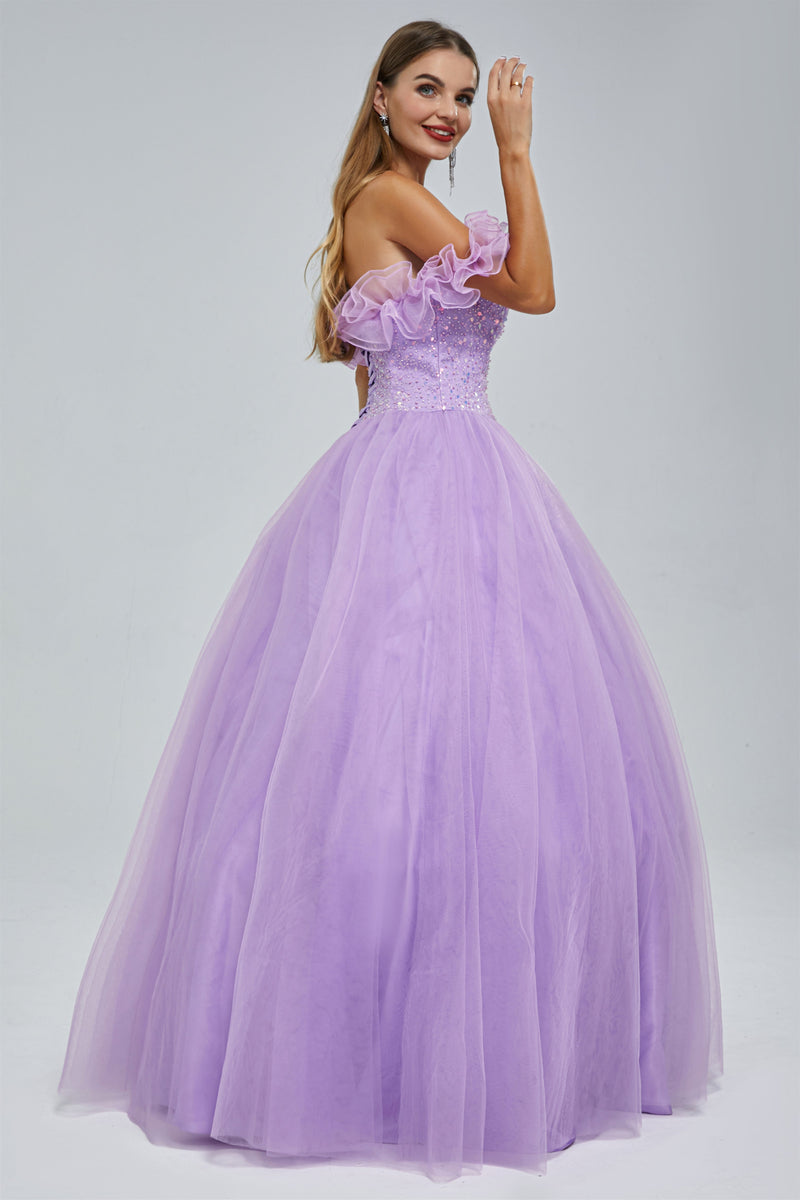 Ball Gown Strapless Tulle Sequined Beaded Floor-length Sleeveless Open Back Prom Dress-Ballbella