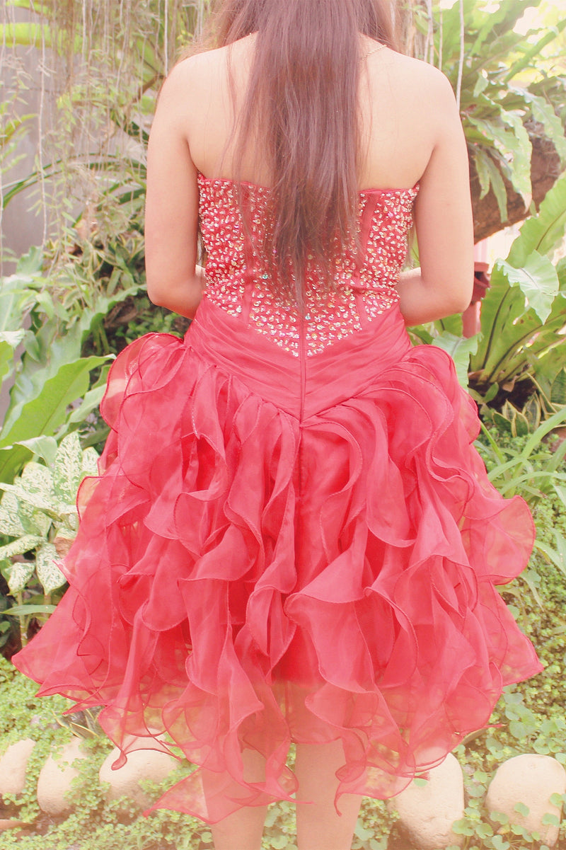 knee length ball dresses Gold Satin Strapless Ball Gowns Prom Dresses Knee Length Evening Dress