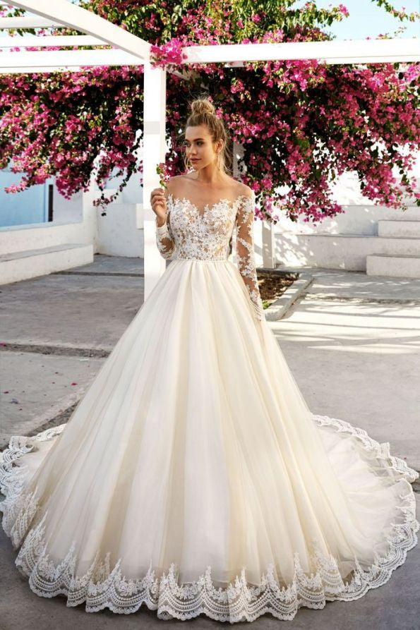 Ball Gown Sweetheart Long Sleeve Floor Length Tulle Applique Wedding Dress-Ballbella