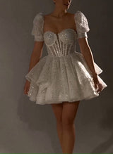 Ball-Gown Sweetheart Short Sleeves Sequined(Non-Stretch) Homecoming Dresses-Ballbella