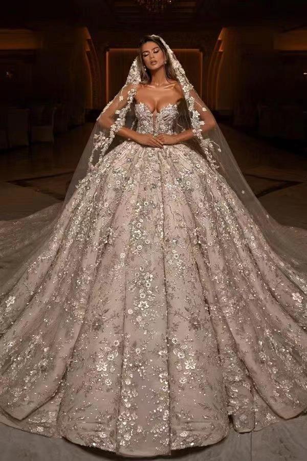 Ball Gown Sweetheart Strapless Sequined Floor-length Sleeveless Appliques Lace Wedding Dress-Ballbella