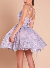 Ball-Gown V-Neck Sleeveless Short/Mini Lace/Tulle Homecoming Dresses-Ballbella