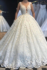 Ball Gown V-neck Wide Strap Floor Length Tulle Applique Lace Wedding Dress-Ballbella