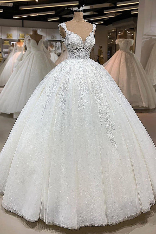 Ball Gown V-neck Wide Strap Floor Length Tulle Applique Wedding Dress-Ballbella