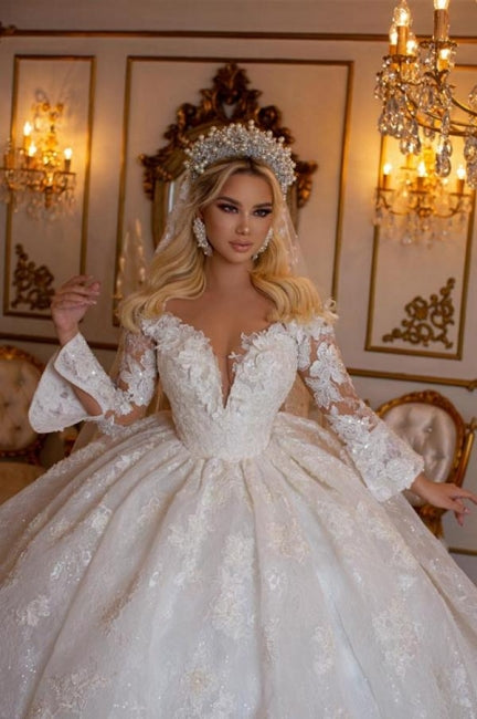 Ballbella Beautiful Sweetheart Ball Gown Lace Wedding Gowns Bridal Dresses With Long Sleeves-Ballbella
