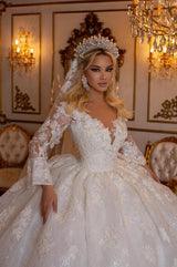 Ballbella Beautiful Sweetheart Ball Gown Lace Wedding Gowns Bridal Dresses With Long Sleeves-Ballbella