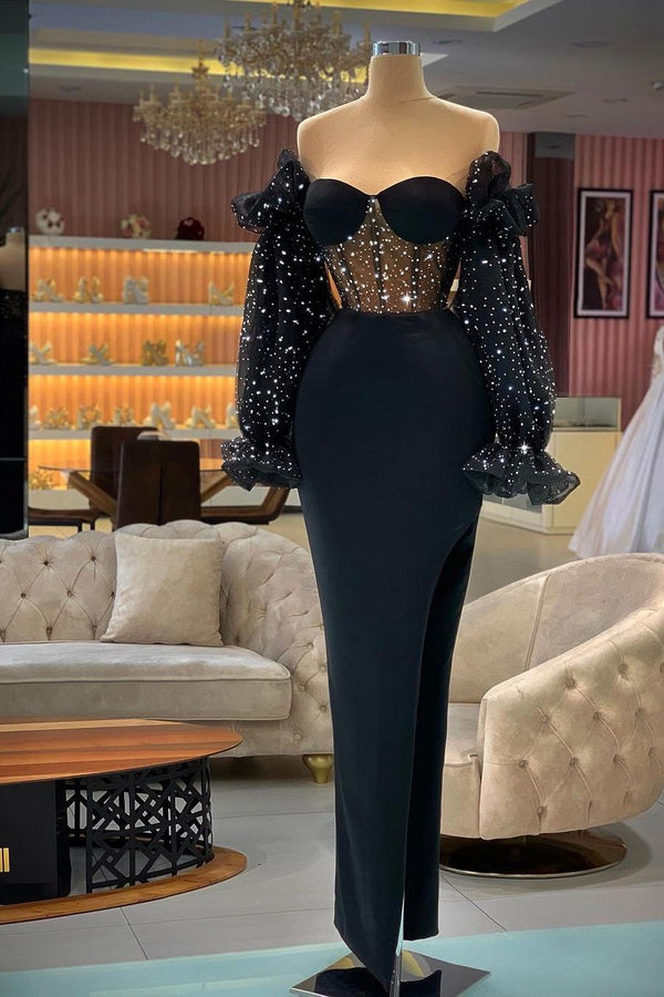 Ballbella Black Long Sleeves Prom Dress Sheath Sweetheart With Beads-Ballbella