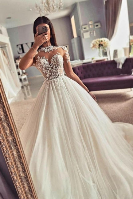 Ballbella Chic Jewel Lace Tulle Wedding Gowns With Long Sleeves-Ballbella