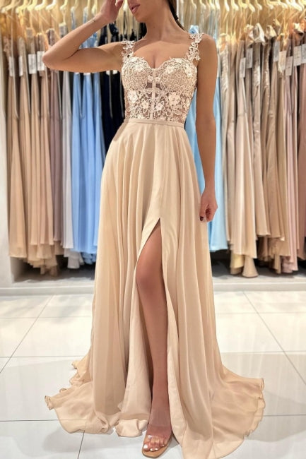 Ballbella Chic Lace Sleeveless Prom Dress With Slit Long Champagne-Ballbella