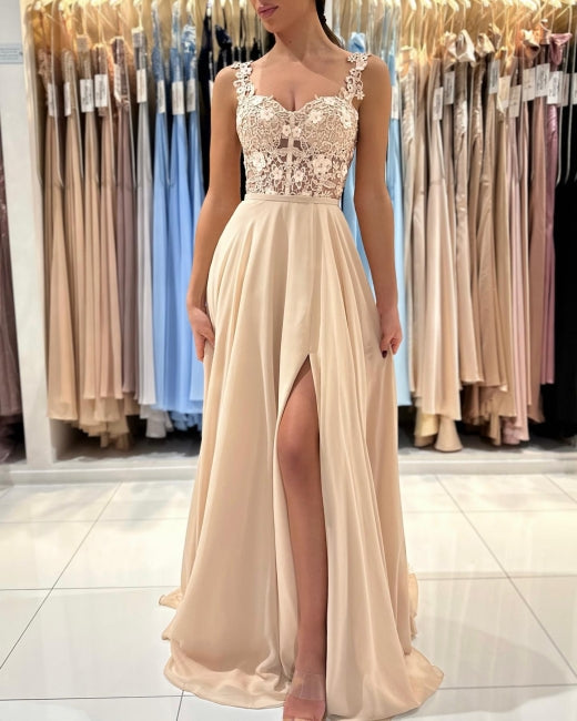 Ballbella Chic Lace Sleeveless Prom Dress With Slit Long Champagne-Ballbella