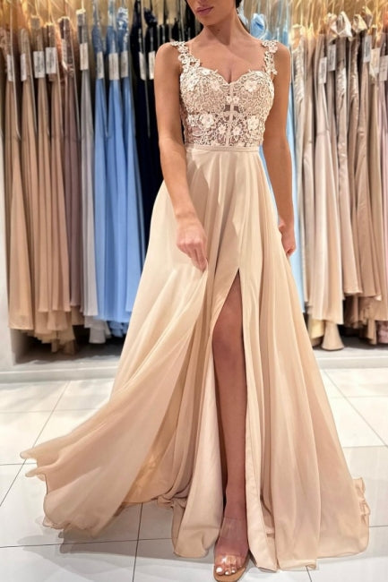 Ballbella Chic Lace Sleeveless Prom Dress With Slit Long Champagne-Ballbella