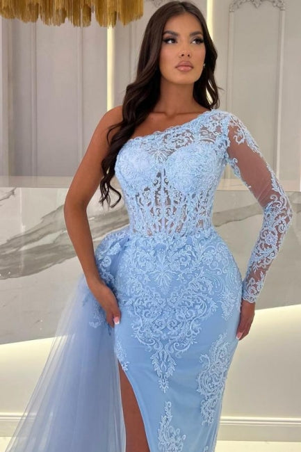 Ballbella Column Long Slit Front Sky Blue Tulle One Shoulder Long Sleeve Evening Dress with Lace-Ballbella