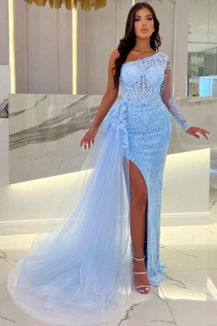 Ballbella Column Long Slit Front Sky Blue Tulle One Shoulder Long Sleeve Evening Dress with Lace-Ballbella