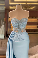 Ballbella Column Slit Front Long Sweetheart Strapless Sleeveless Sky Blue Ruffle Stain Evening Dress with Beadings-Ballbella