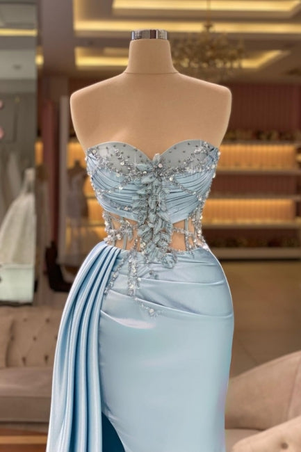 Ballbella Column Slit Front Long Sweetheart Strapless Sleeveless Sky Blue Ruffle Stain Evening Dress with Beadings-Ballbella