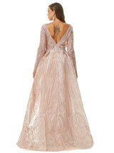 Ballbella Design | Champange Sparkle Beaded Long Sleeves Prom Dresses with Overskirt-Ballbella