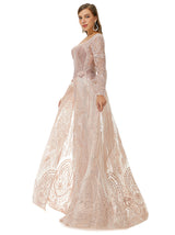 Ballbella Design | Champange Sparkle Beaded Long Sleeves Prom Dresses with Overskirt-Ballbella