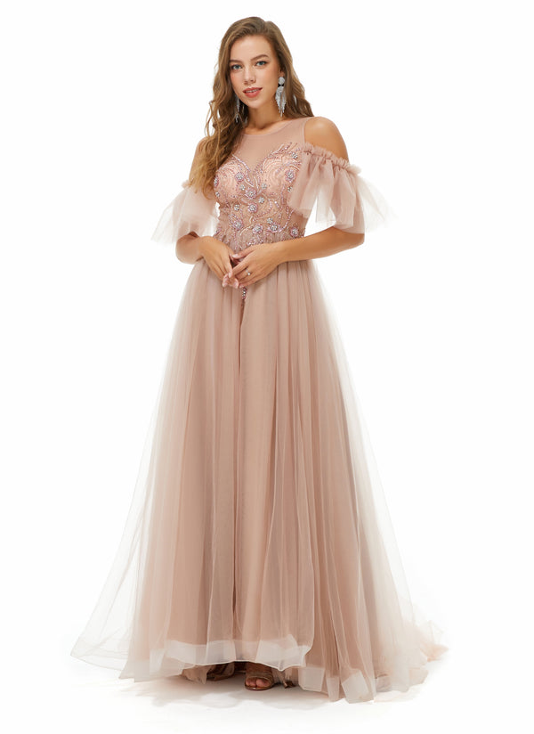 Ballbella Design | Sparkle Beaded Cool shoulder A-line Beaded Prom Dresses-Ballbella