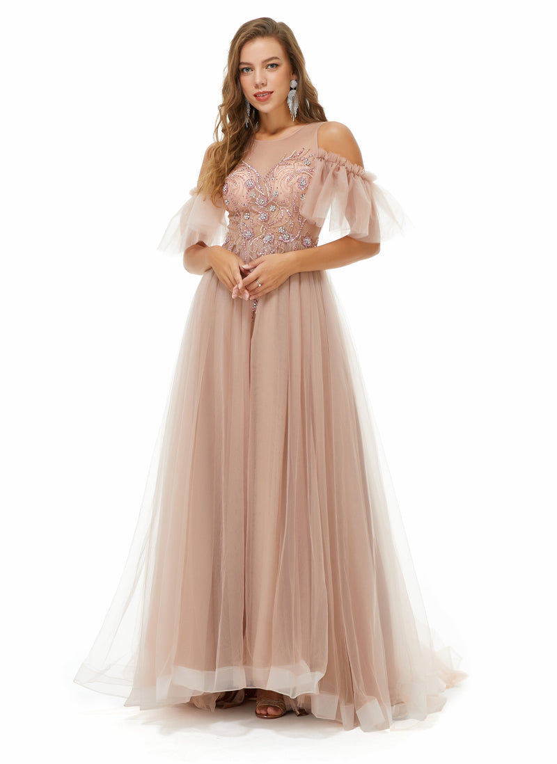 Ballbella Design | Sparkle Beaded Cool shoulder A-line Beaded Prom Dresses, Champange / US2 Ballbella Design | Sparkle Beaded Cool shoulder A-line Beaded Prom Dresses, Champange / US2