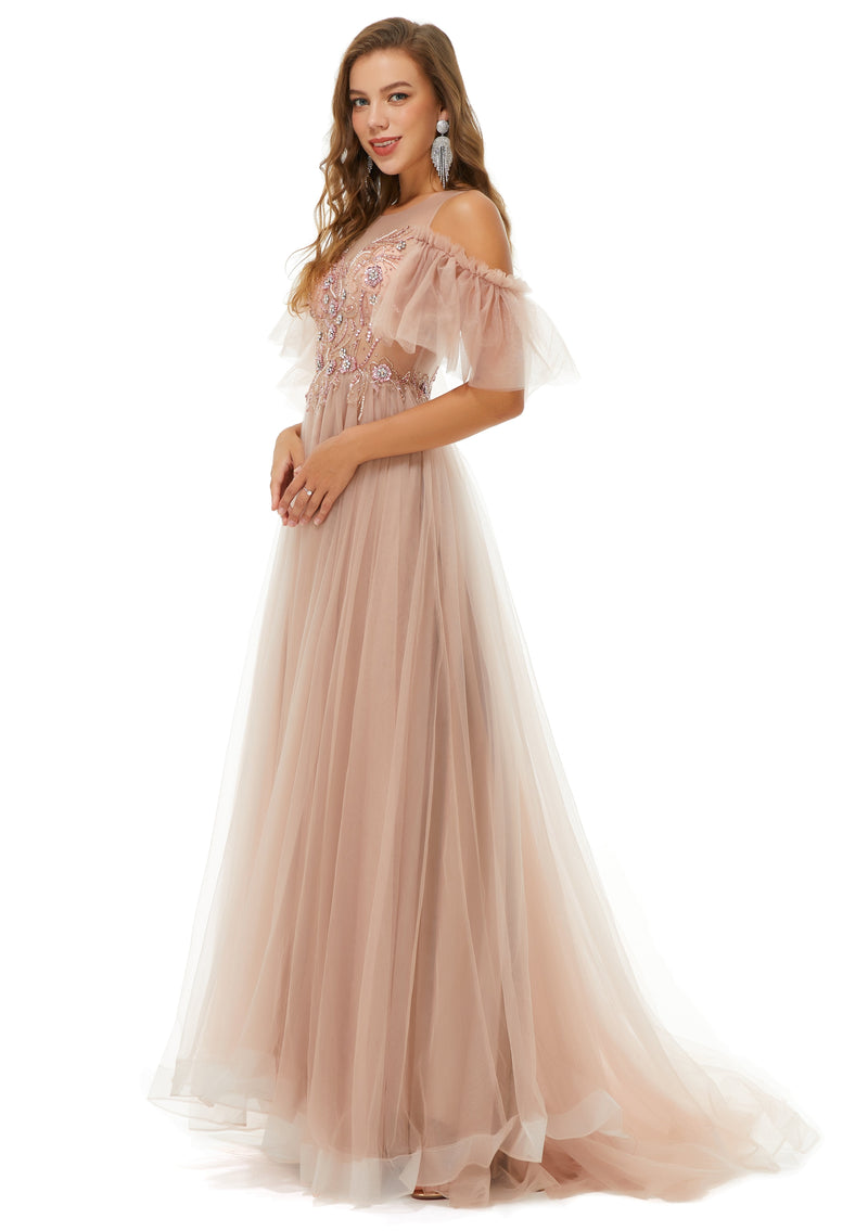 Ballbella Design | Sparkle Beaded Cool shoulder A-line Beaded Prom Dresses-Ballbella