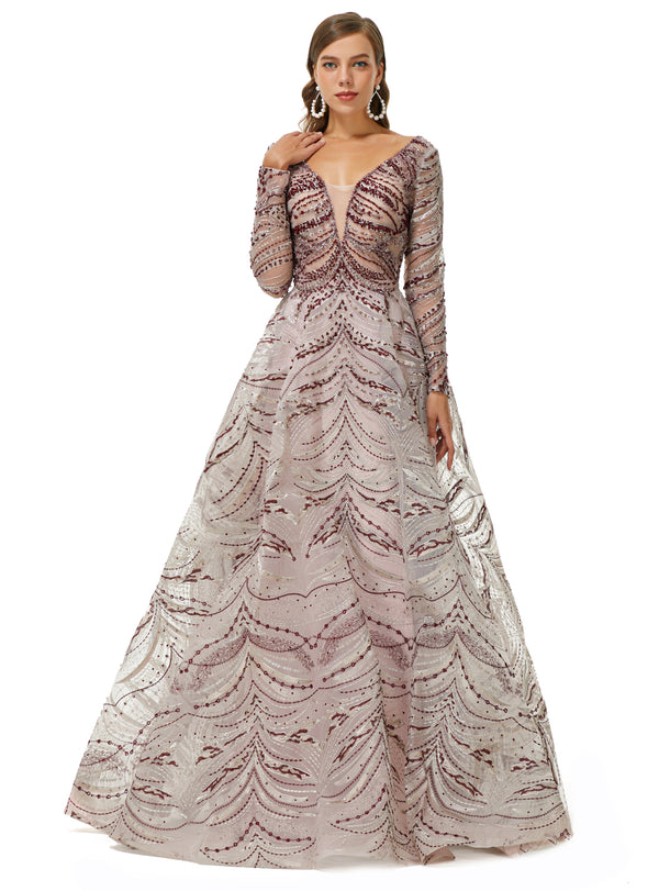 Ballbella Design | Sparkle Beaded Long Sleeves Prom Dresses-Ballbella