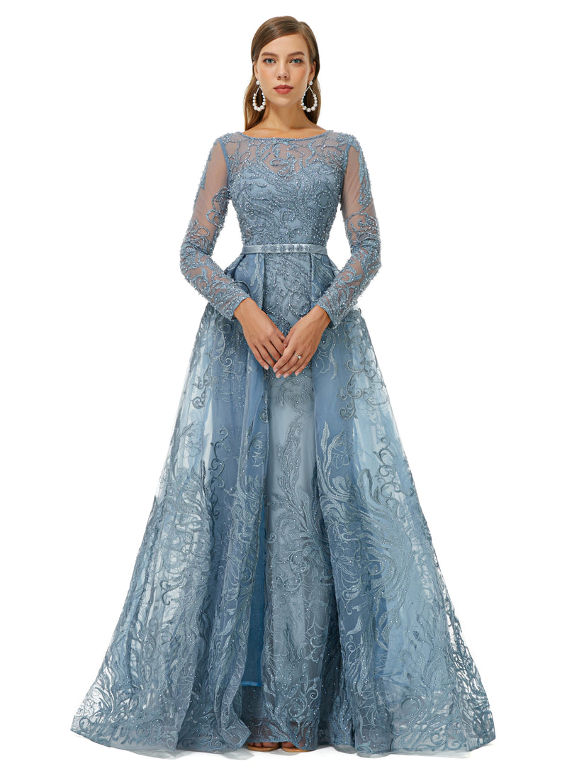 Ballbella Design | Sparkle Beaded Mermaid Long sleeves Prom Dresses with Overskirt-Ballbella