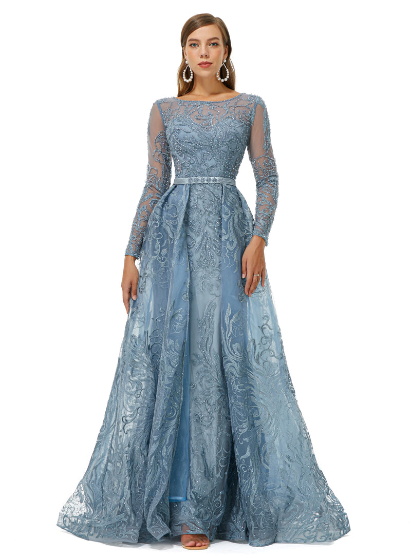 Ballbella Design | Sparkle Beaded Mermaid Long sleeves Prom Dresses with Overskirt-Ballbella