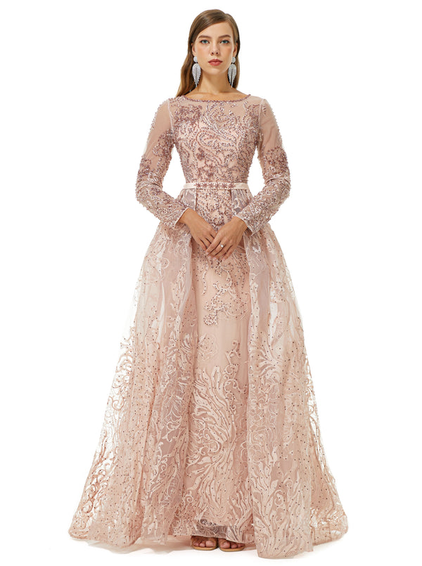 Ballbella Design | Sparkle Beaded Mermaid Long sleeves Prom Dresses with Overskirt-Ballbella