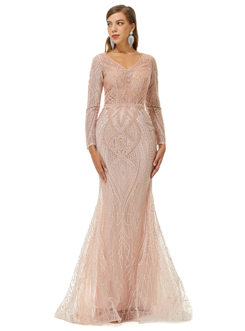 Ballbella Design | Sparkle Beaded Mermaid V-neck Long sleeves Prom Dresses-Ballbella