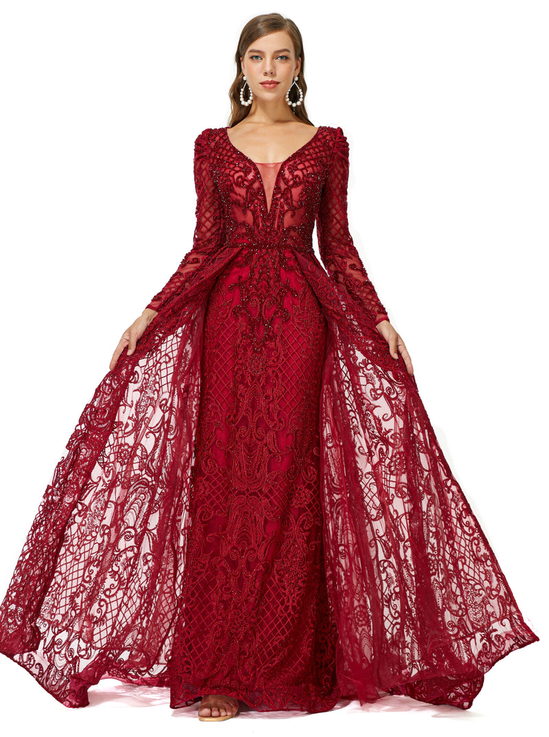 Ballbella Design | Sparkle Beaded Wine Red Long Sleeves Prom Dresses, Wine Red / US2 Ballbella Design | Sparkle Beaded Wine Red Long Sleeves Prom Dresses, Wine Red / US2